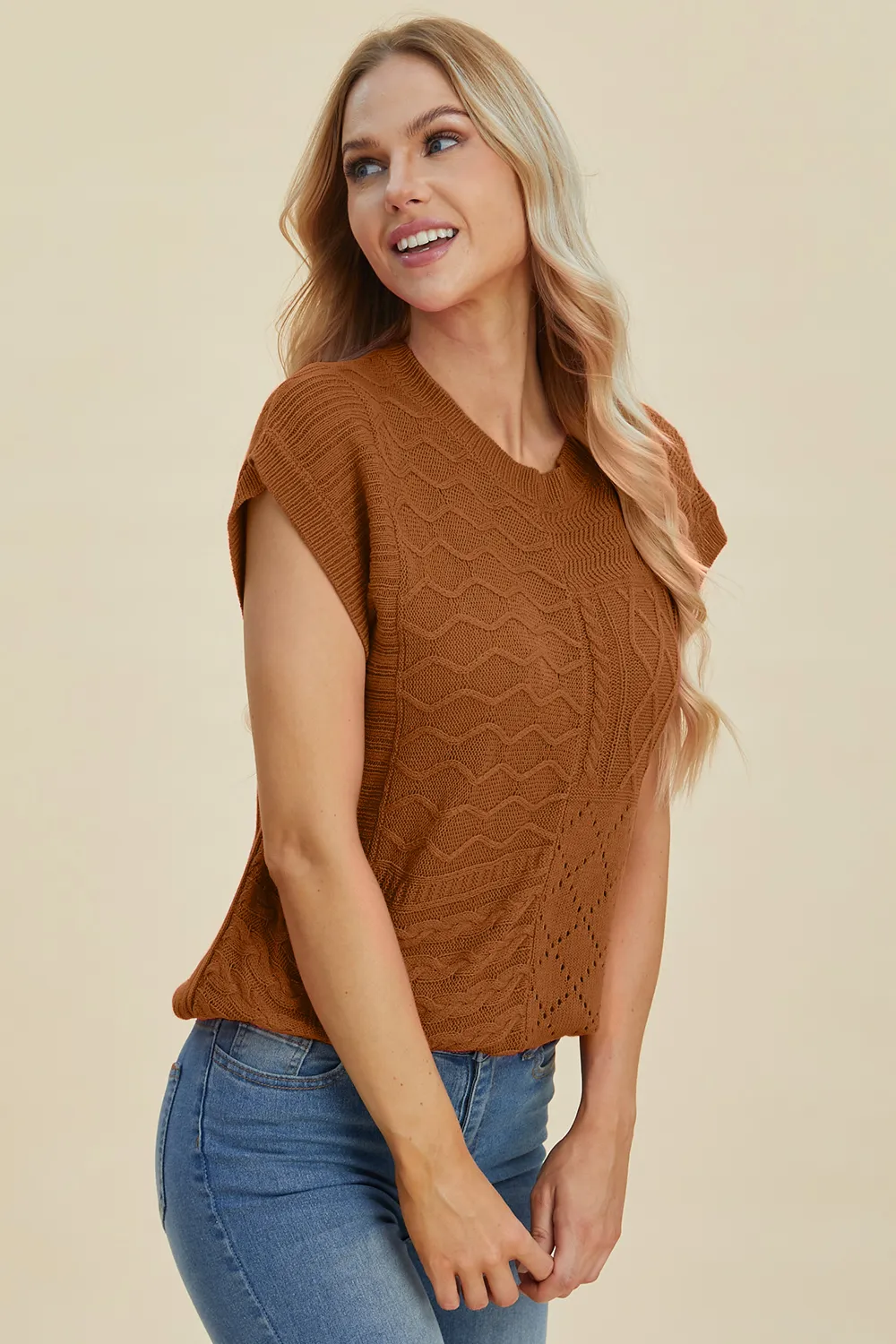 Full Size Cable-Knit Round Neck Cap Sleeve Sweater, image 21
