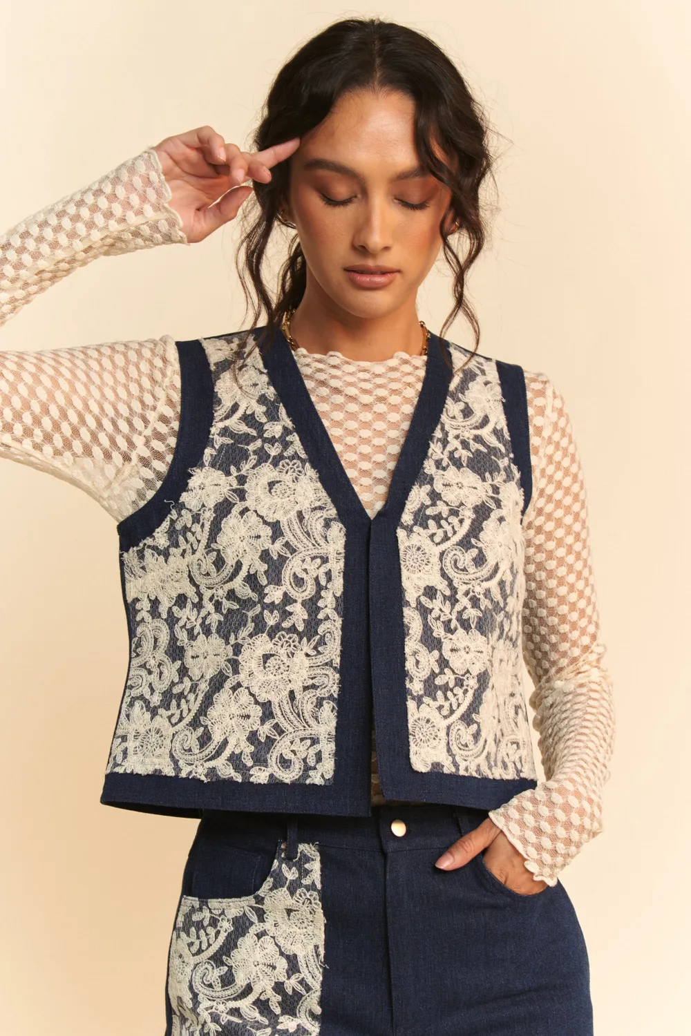 Lace Patch Open Front Denim Vest, image 6