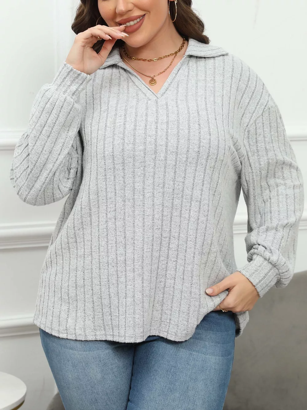 Plus Size Ribbed Knit Polo Collar T-Shirt, image 5