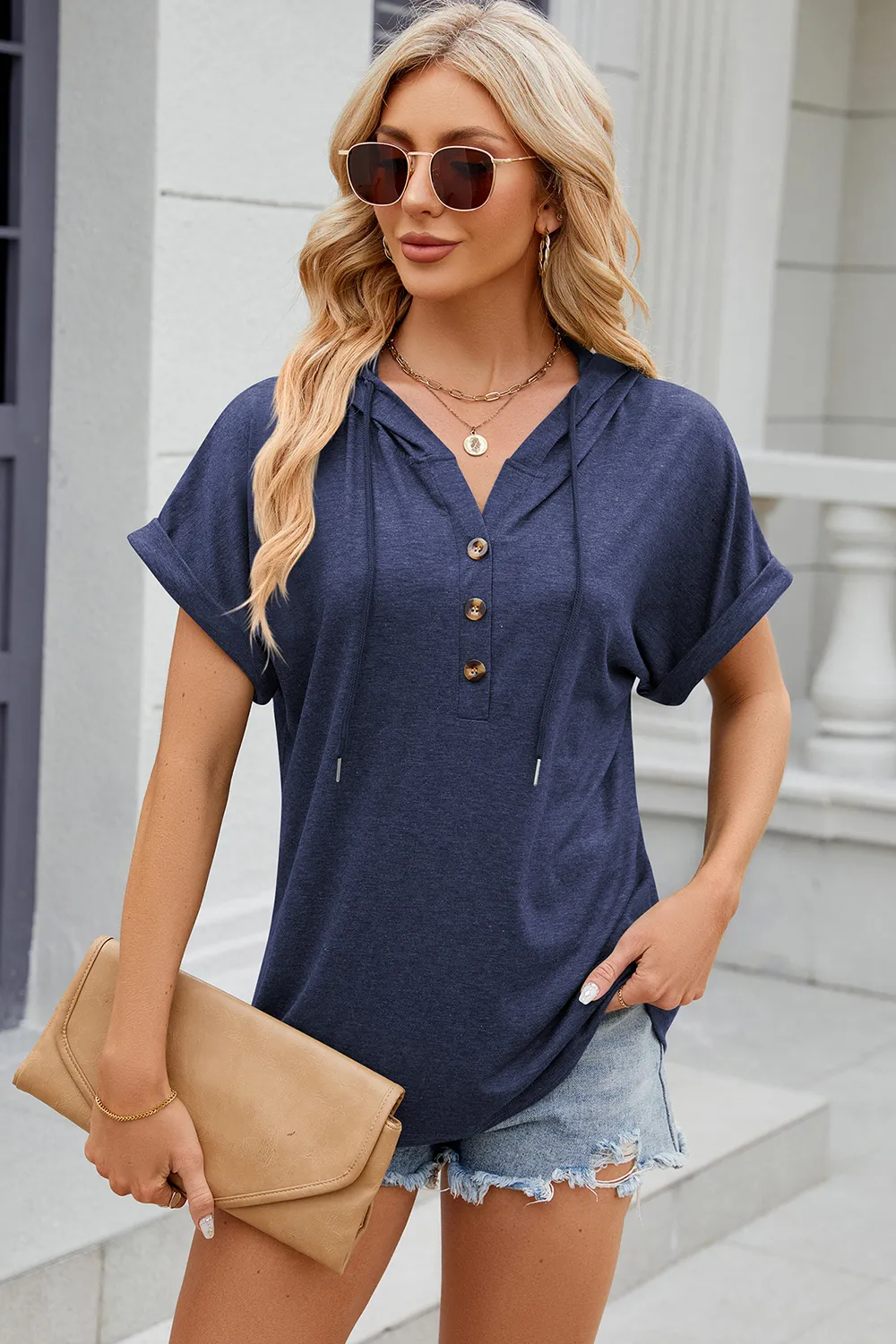 Half Button Drawstring Short Sleeve Hooded T-Shirt, image 18