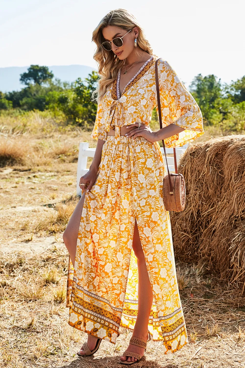 Printed Half Sleeve Top and Slit Skirt Set, image 2