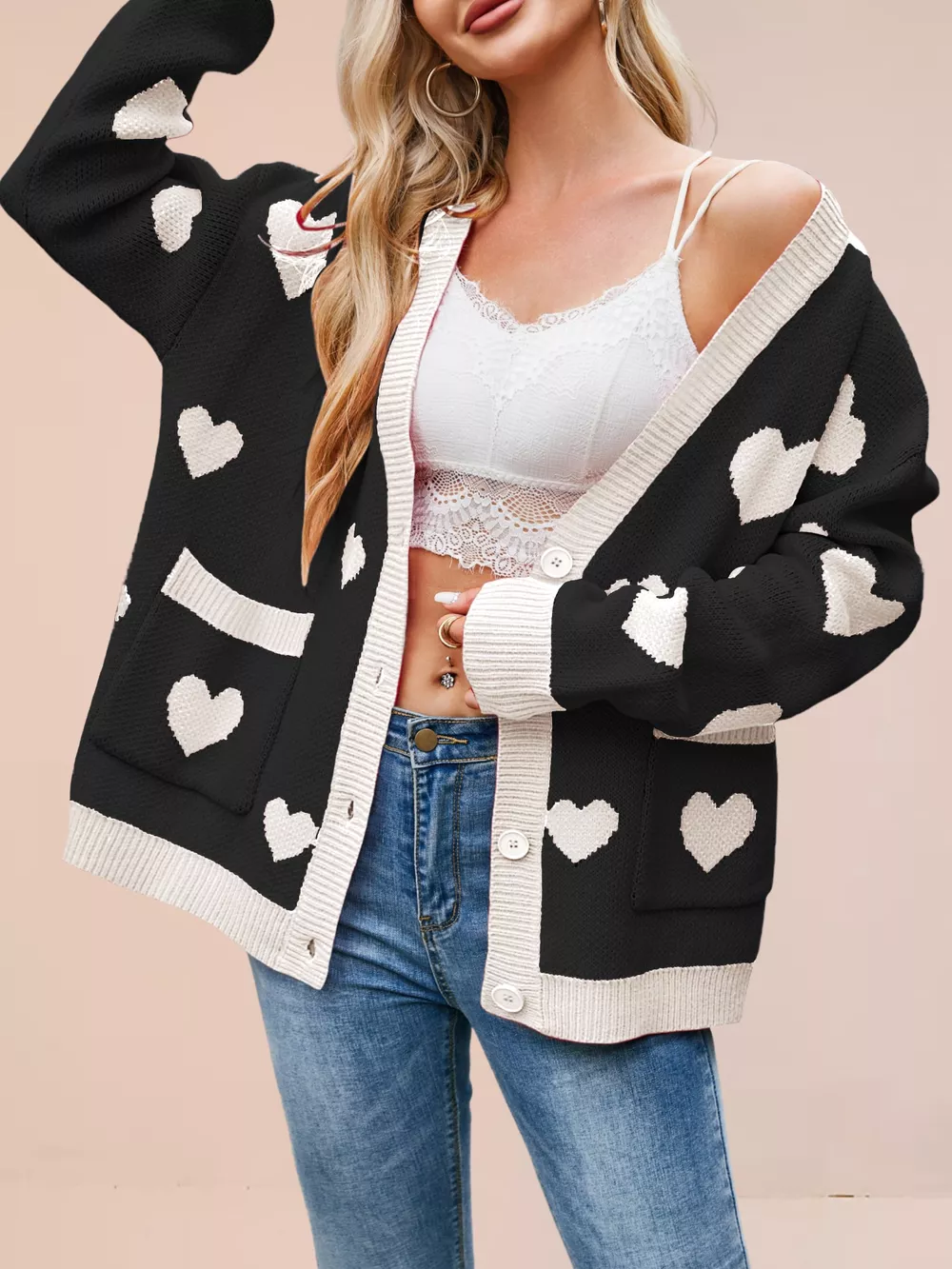 Heart Pattern Button-Up Knit Cardigan, image 14