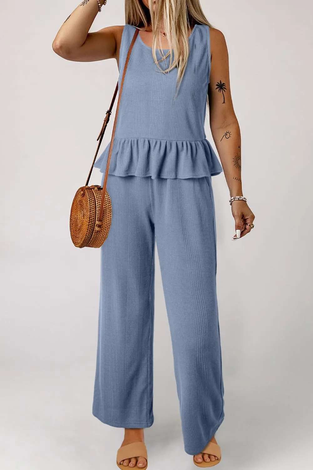 Color Ribbed Ruffle Tank Top and Pants Set, image 10