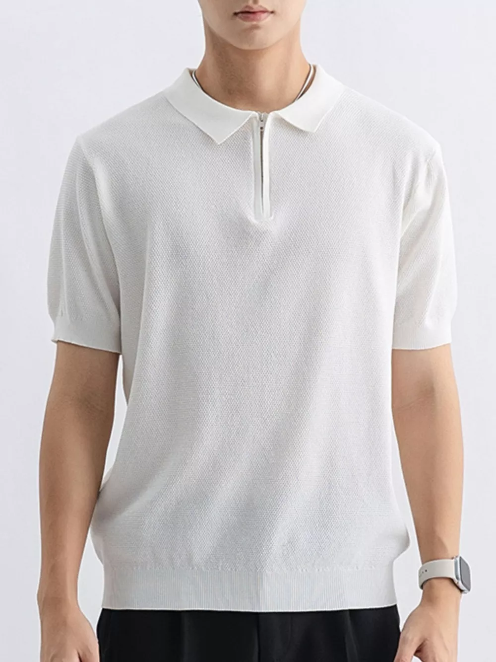 Men's Plus Size Textured Knit Zip-Up Polo, image 8