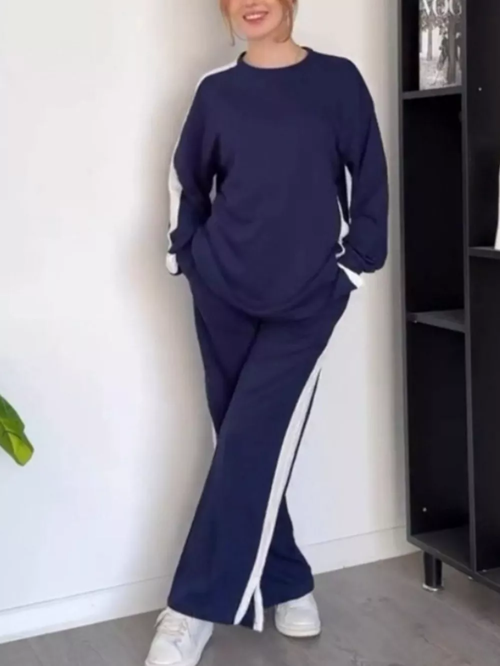 Full Size Contrast Round Neck Top and Pants Set Plus Size, image 11