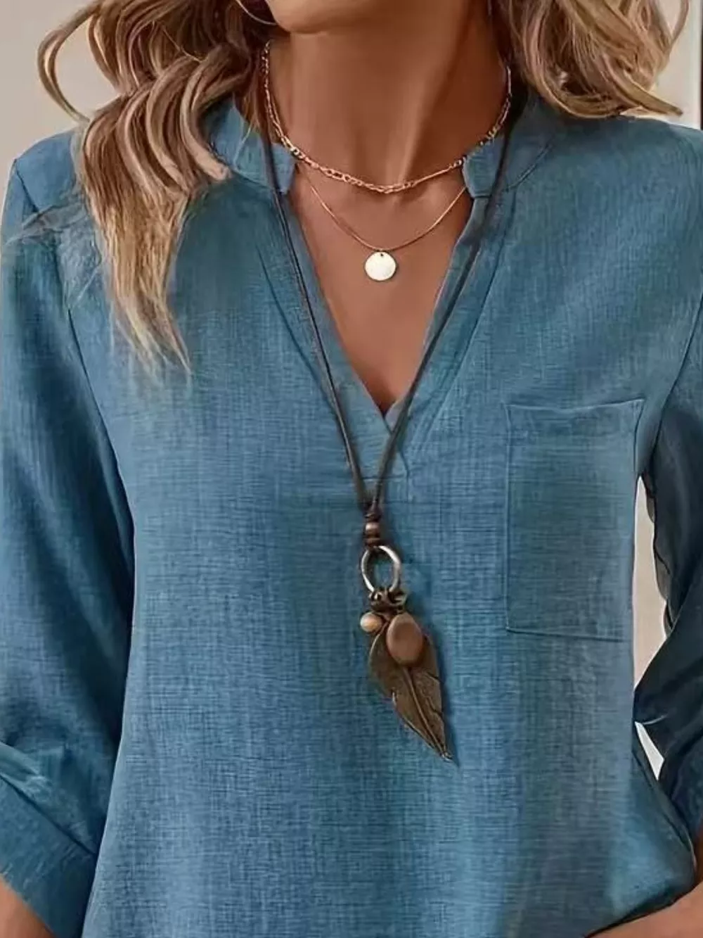 Roll-Up Sleeve Notched Blouse, image 8