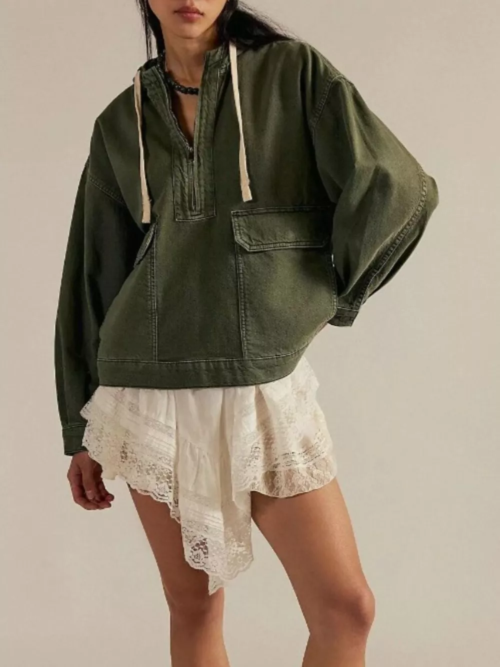 Half Zip Hooded Denim Top, image 2
