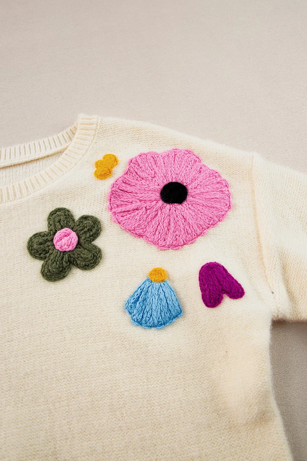 Crochet Flower Round Neck Dropped Shoulder Sweater, image 14