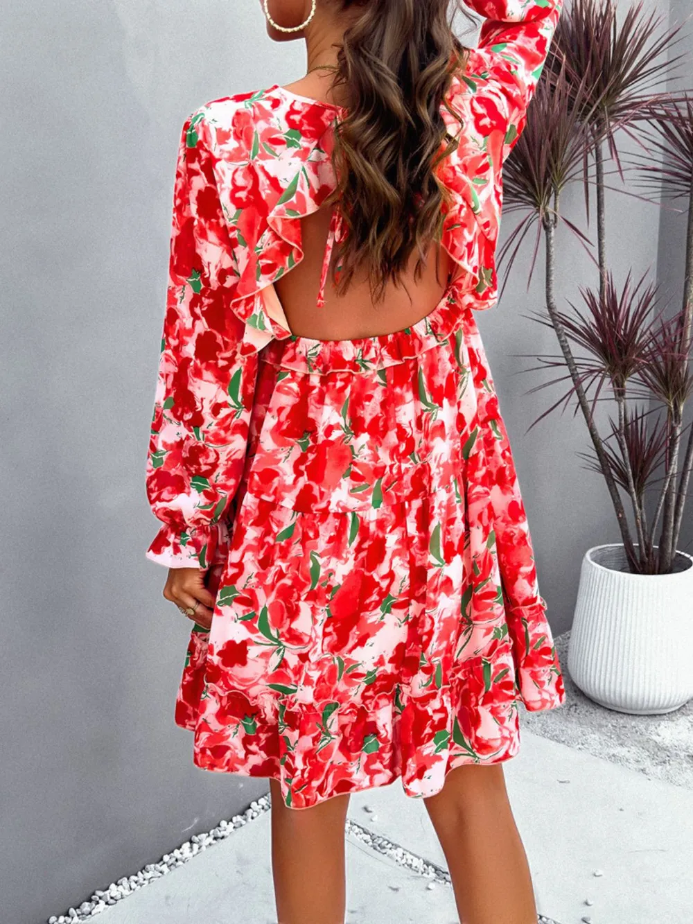 Backless Printed V-Neck Flounce Sleeve Dress, image 12