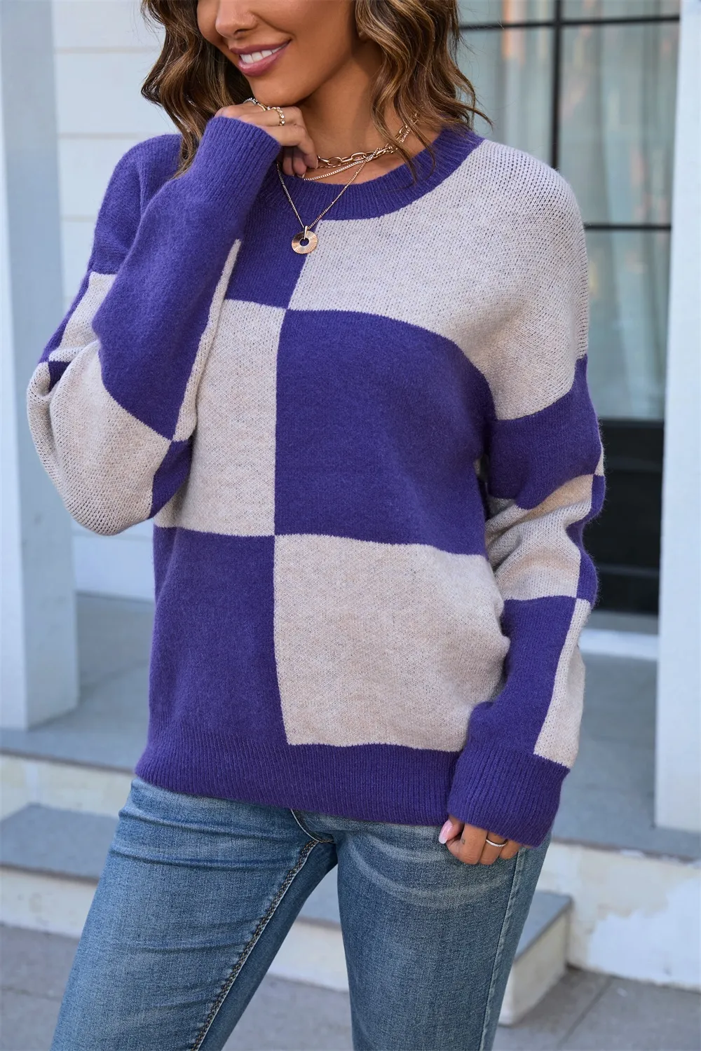 Color Block Round Neck Dropped Shoulder Sweater, image 14