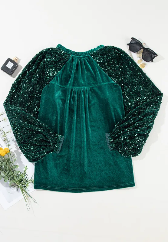 Sequin Notched Long Sleeve Blouse, image 9