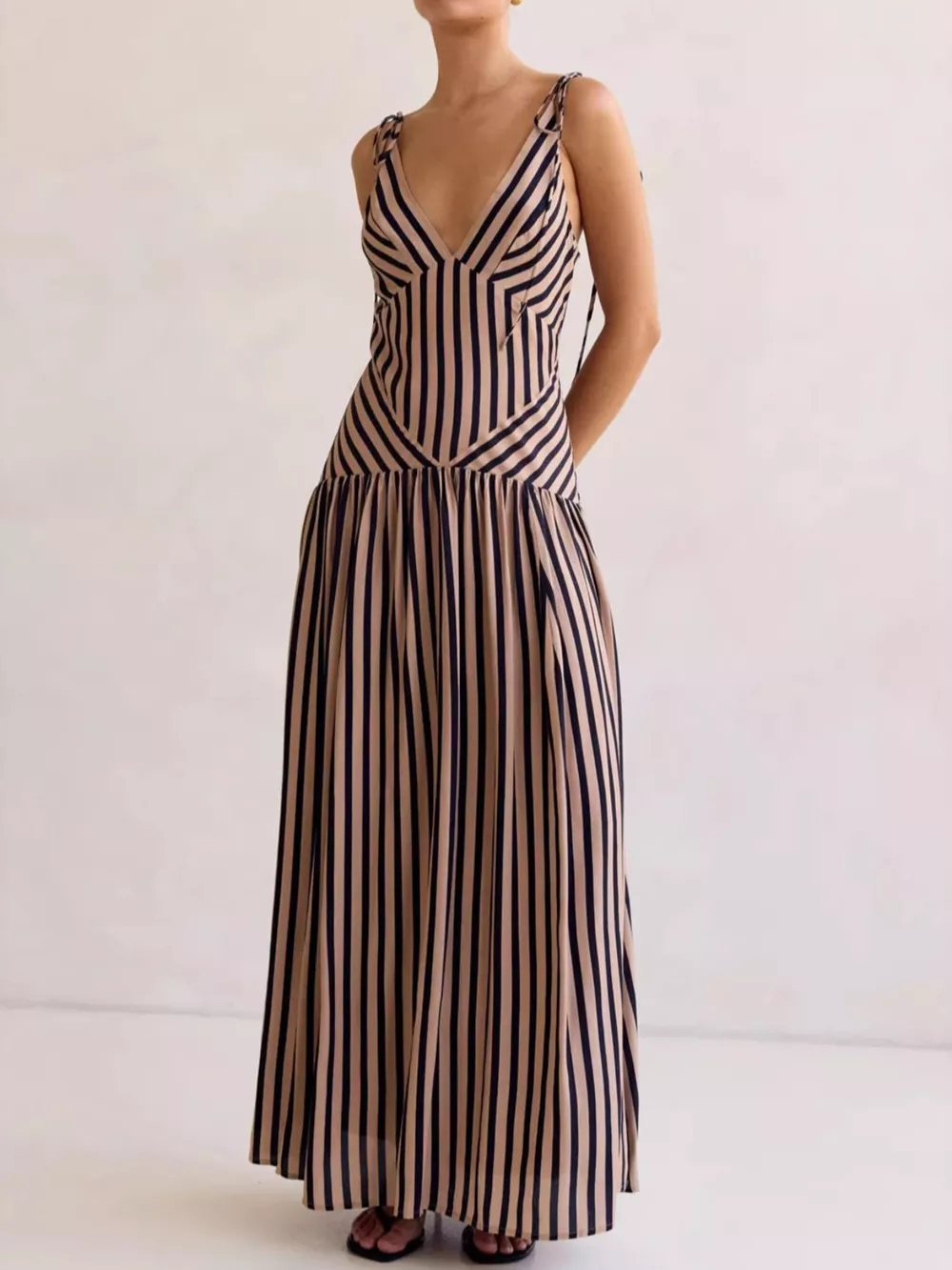 Striped V-Neck Tie-Shoulder Maxi Dress, image 3