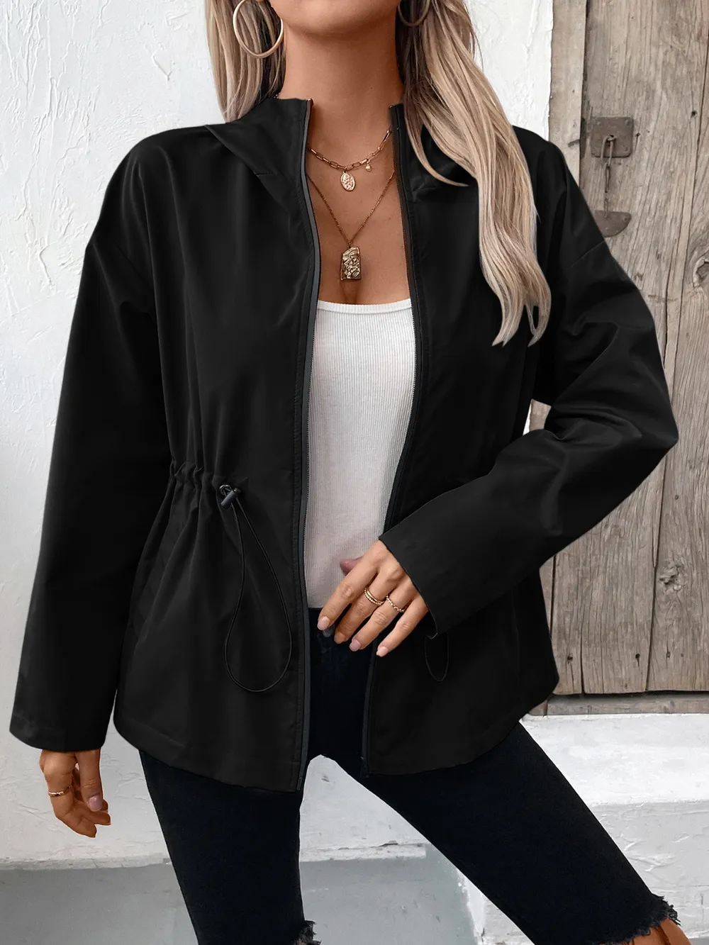 Drawstring Zip Up Hooded Jacket, image 16
