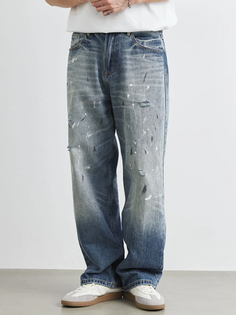 Men's Distressed Paint Splatter Relaxed Fit Jeans, image 3