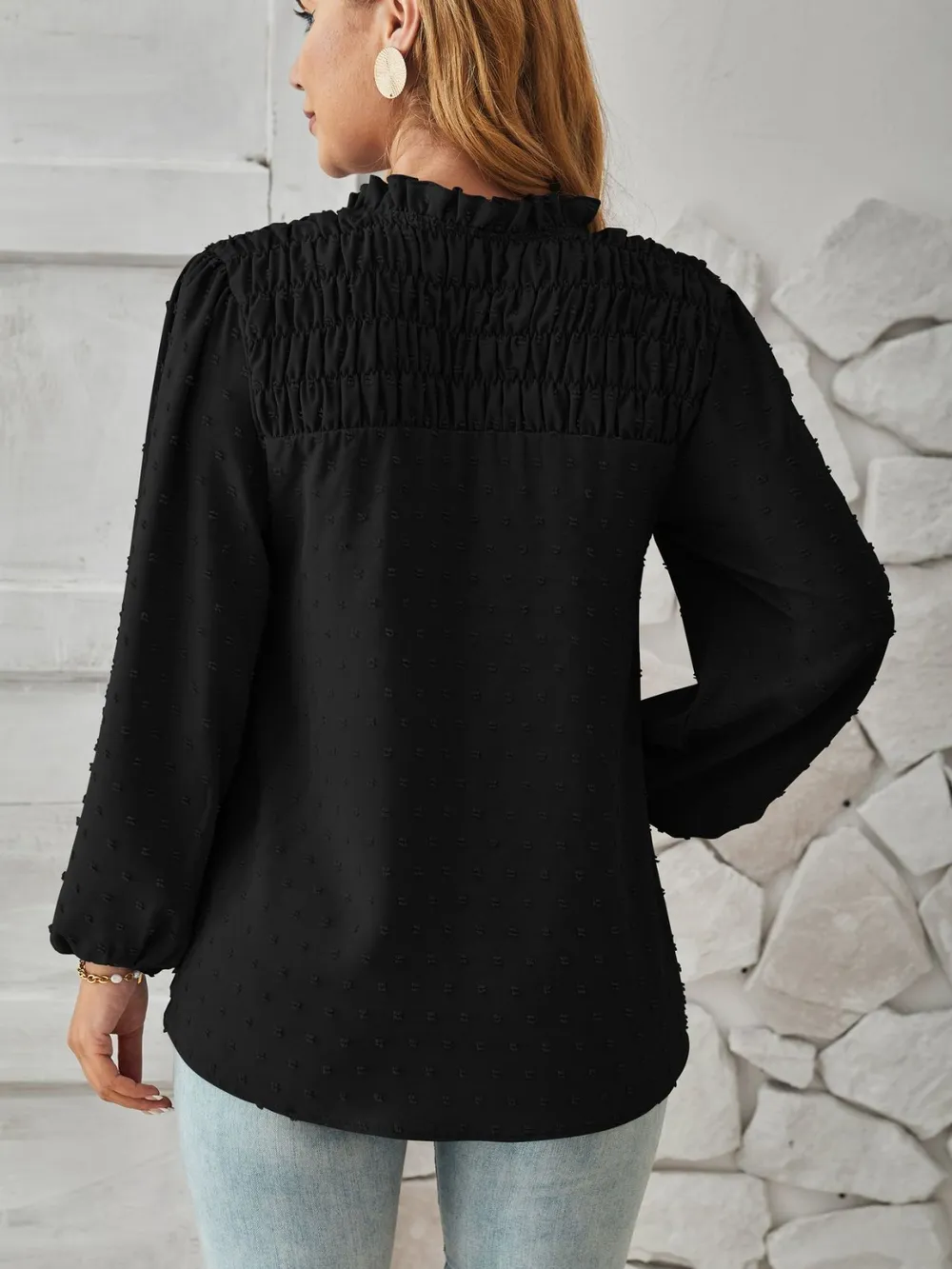 Ruched Swiss Dot Notched Balloon Sleeve T-Shirt, image 18
