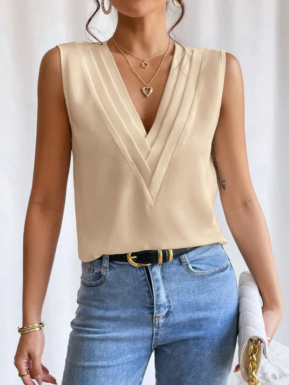 V-Neck Pleated Sleeveless Cami Tank Top, image 15