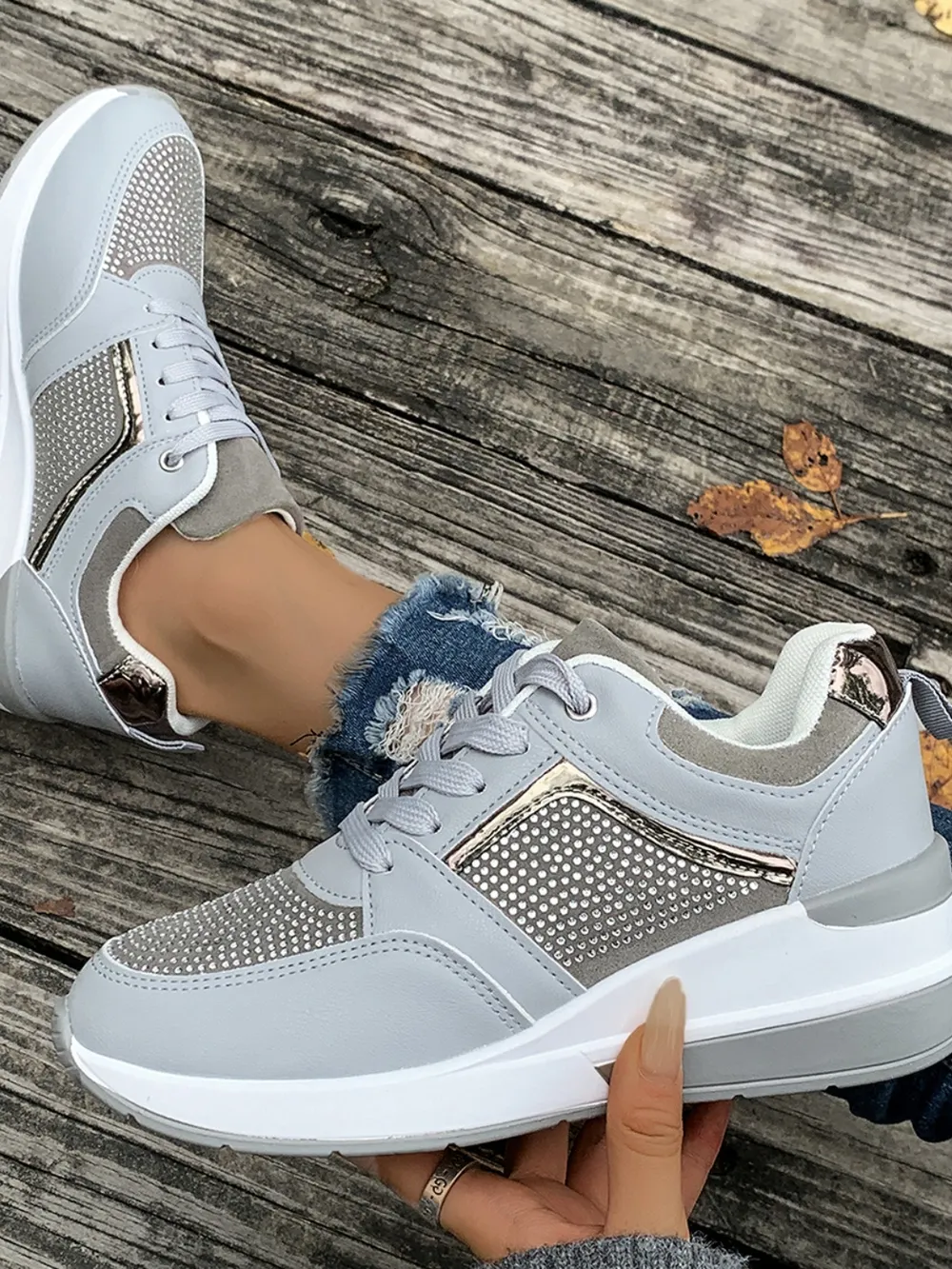 Lace-Up Rhinestone Wedge Sneakers, image 9