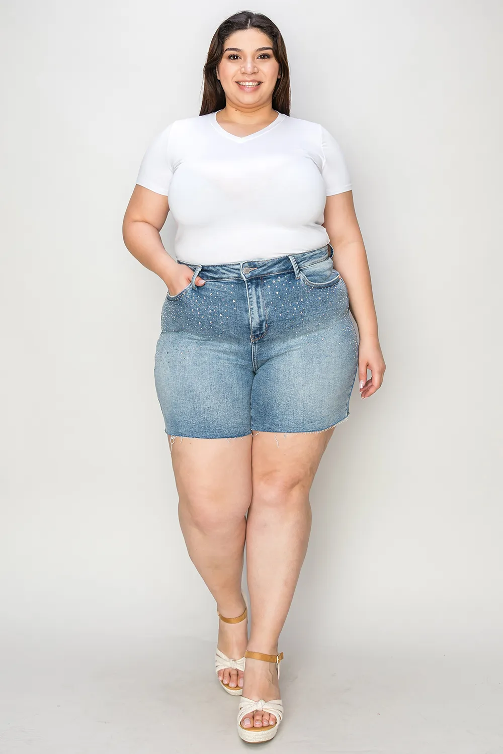 Full Size High Waist Rhinestone Decor Denim Shorts, image 7