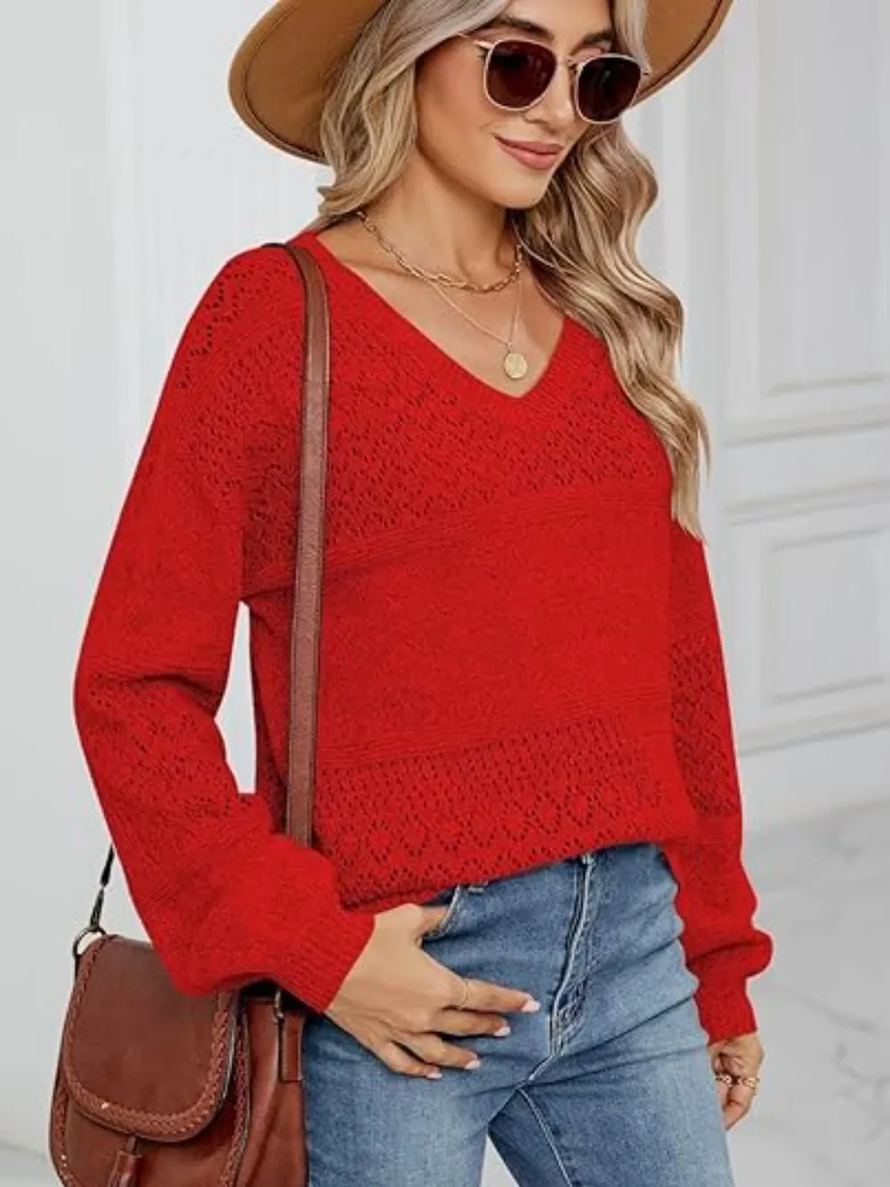 Eyelet V-Neck Long Sleeve Sweater, image 3