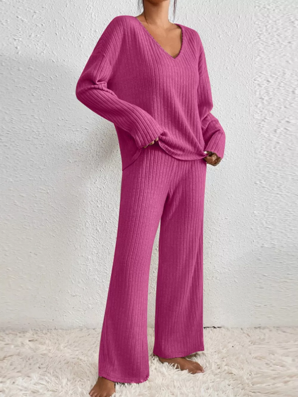 Ribbed Knit V-Neck Top and Pants Set, image 2
