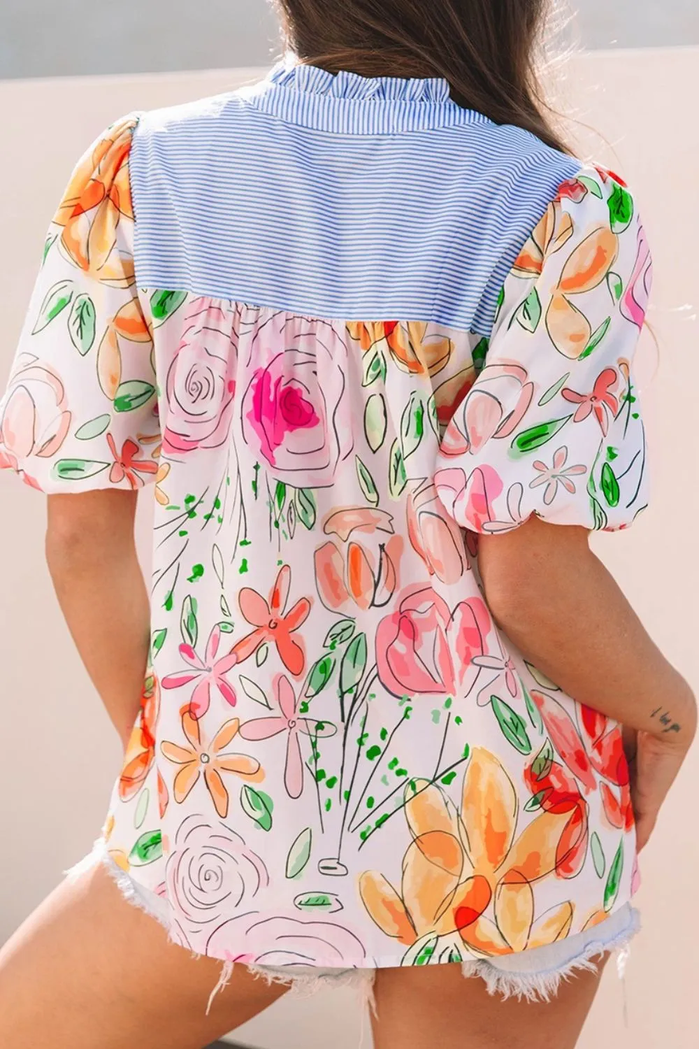 Floral Striped Yoke Frilled Tie Neck Puff Short Sleeve Blouse, image 5