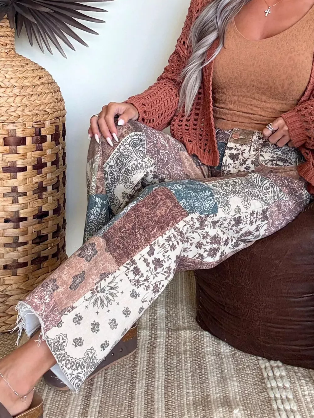 Boho-Chic Patchwork Print Flare Pants, image 3
