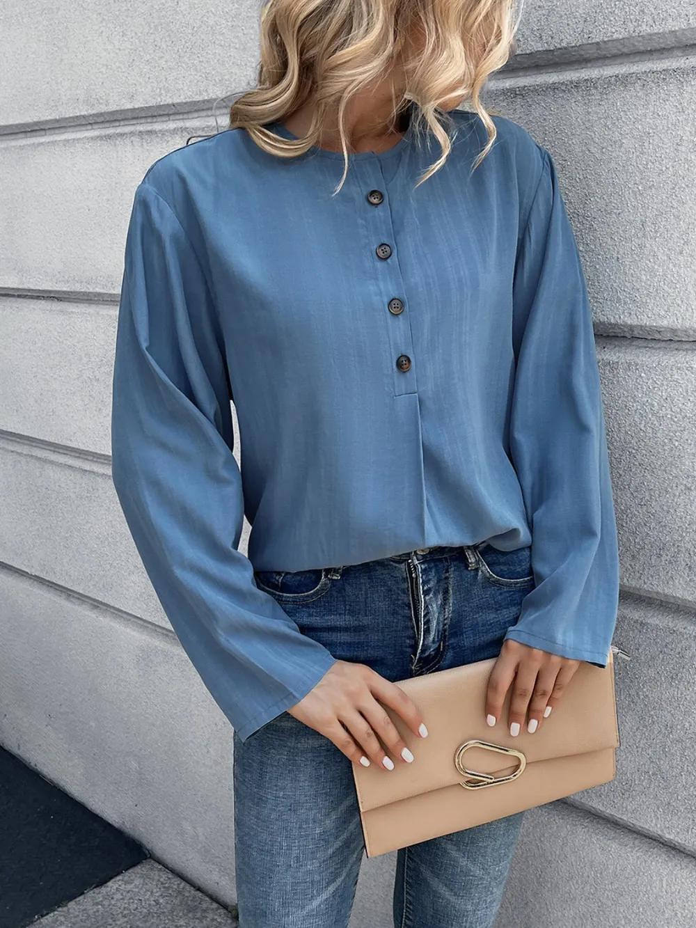 Half Button Long Sleeve Blouse, image 4