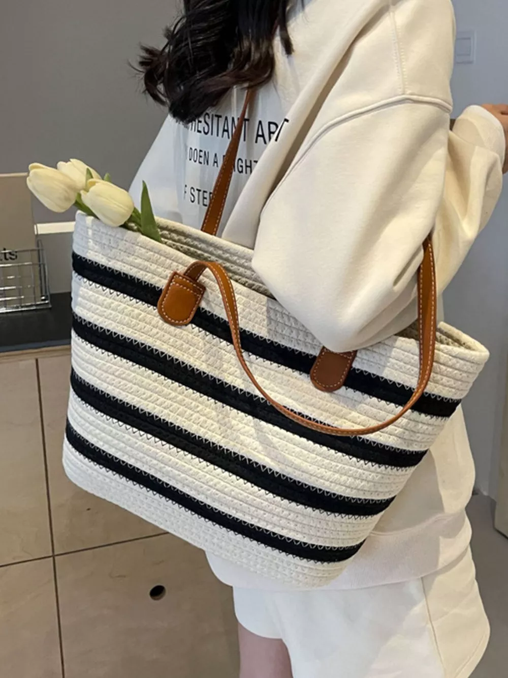 Striped Straw Tote Bag, image 5