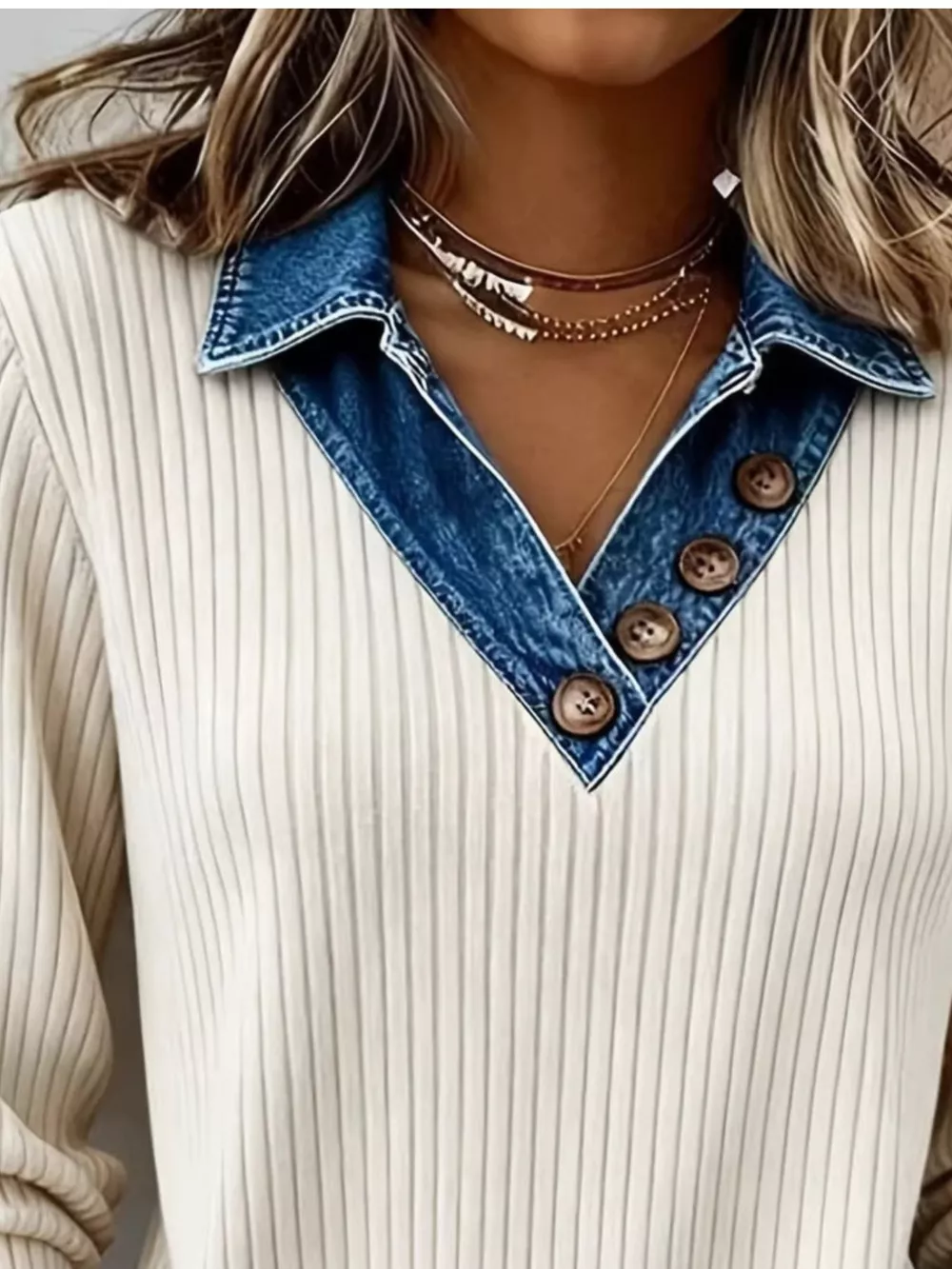 Denim Collar Ribbed Knit Top, image 2