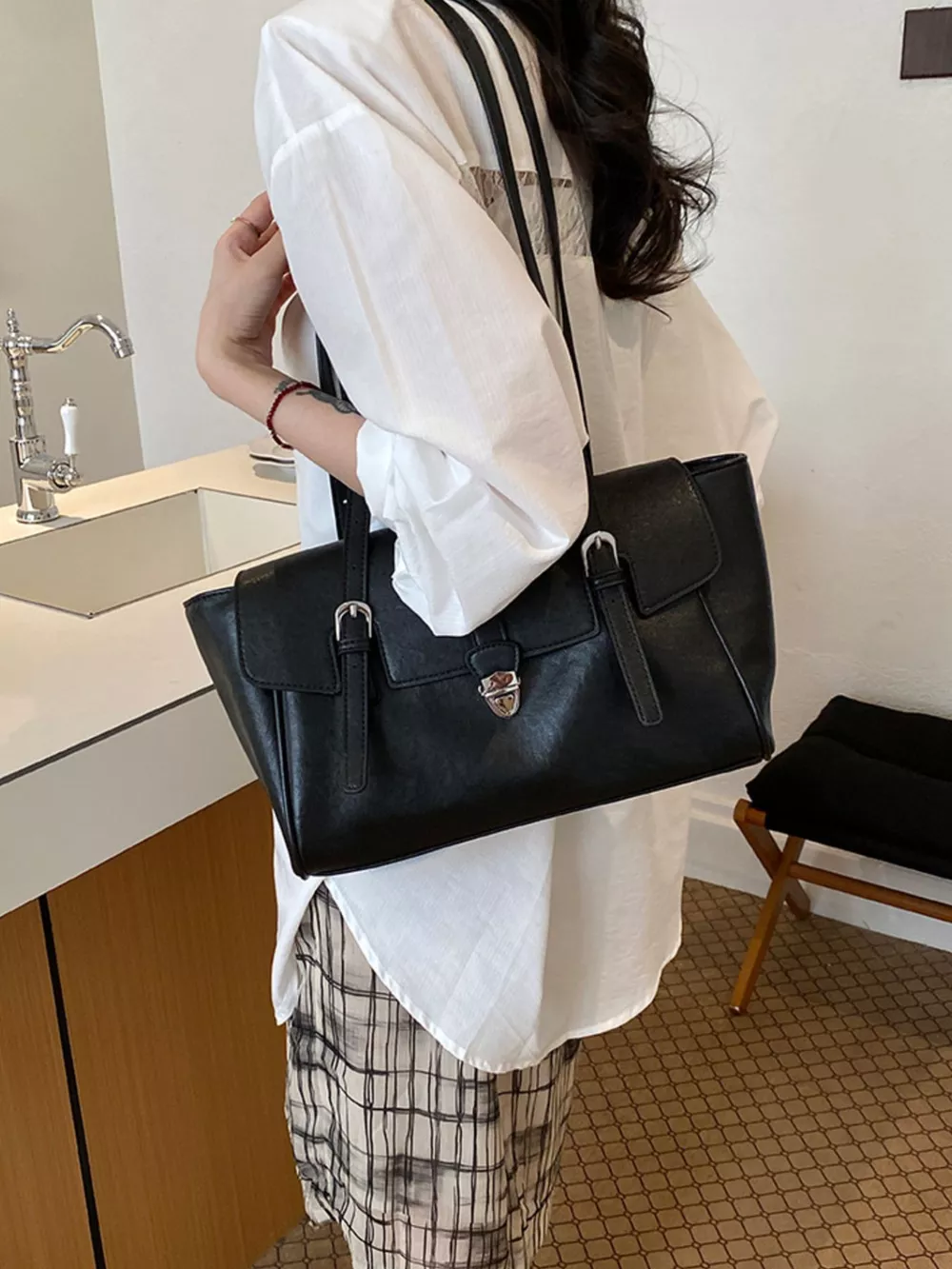 PU Leather Tote Bag with Buckle Detail, image 2