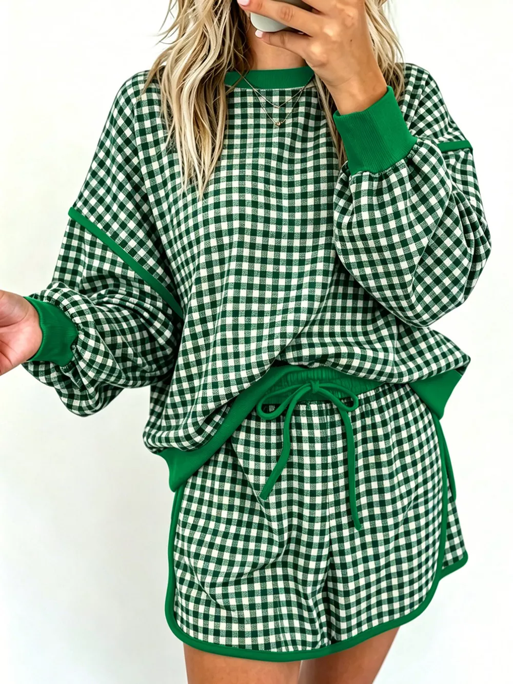 Gingham Long Sleeve Sweatshirt and Shorts Set