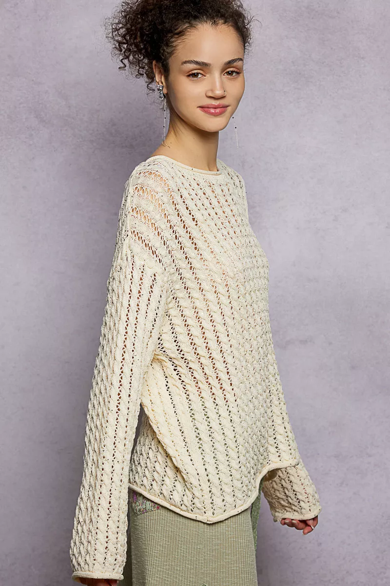 Openwork Round Neck Knit Top with Shiny Detail, image 5