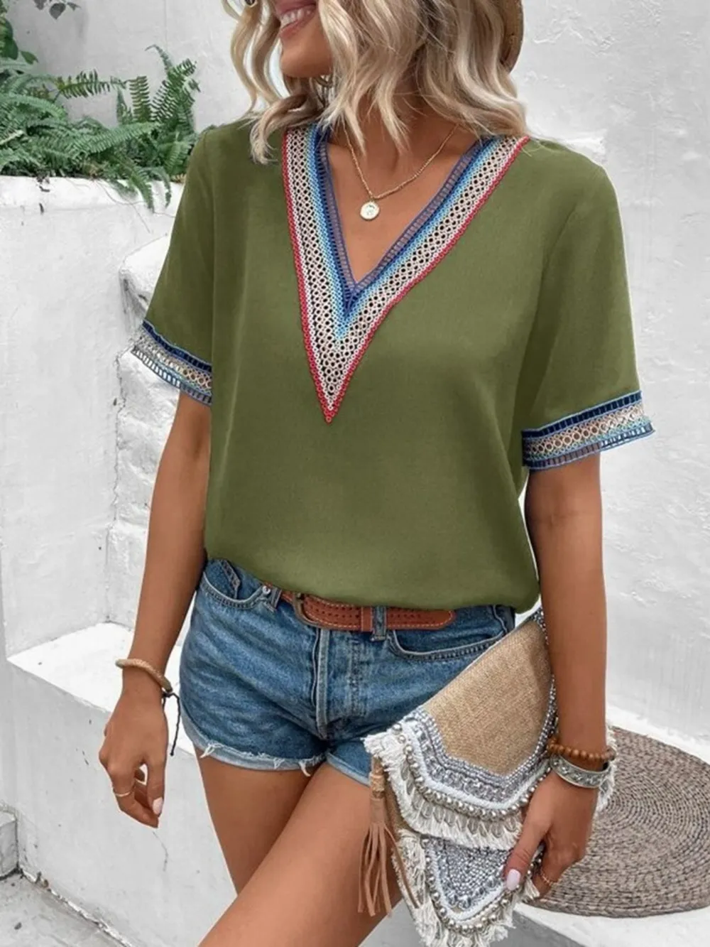 Full Size V-Neck Short Sleeve Blouse, image 12