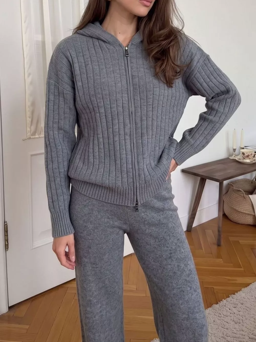 Cozy Ribbed Knit Zip-Up Hoodie and Wide-Leg Pants Sweater Set, image 11