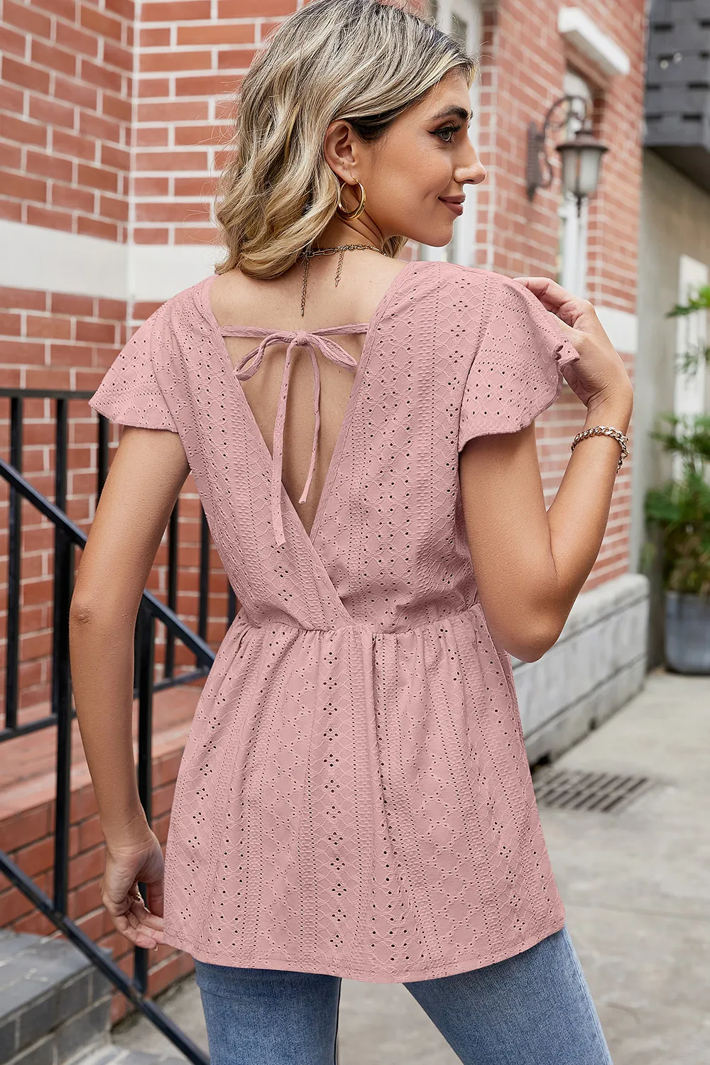 Tied Ruffled Round Neck Peplum T-Shirt, image 20