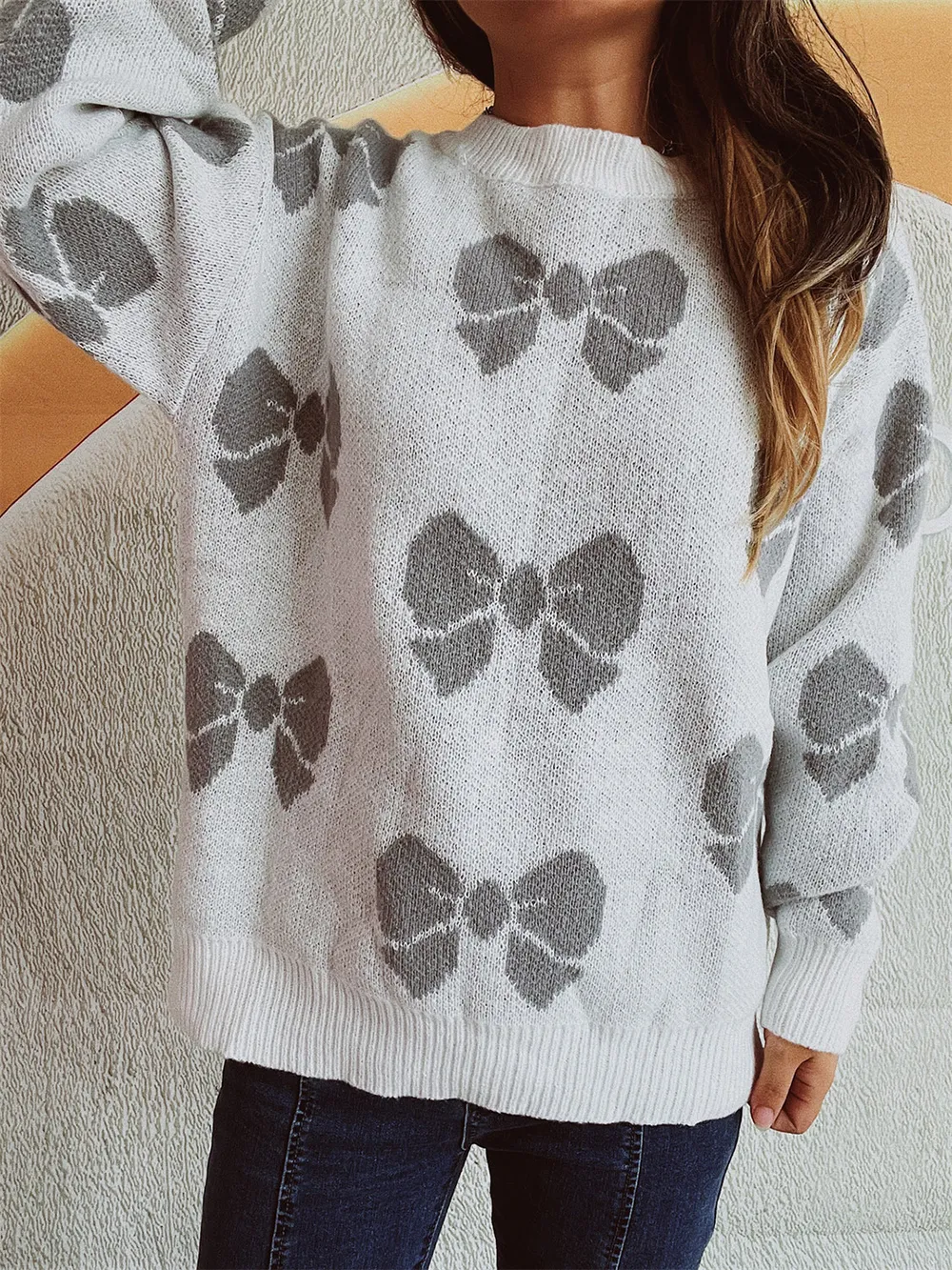 Bow Round Neck Dropped Shoulder Sweater, image 4