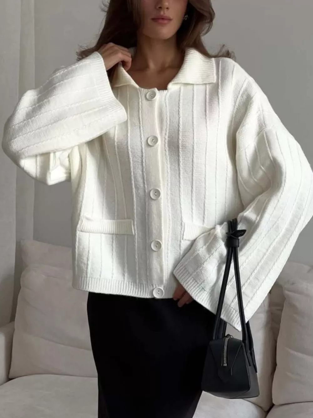 Texture Knit Cardigan with Wide Sleeves and Collar, image 6