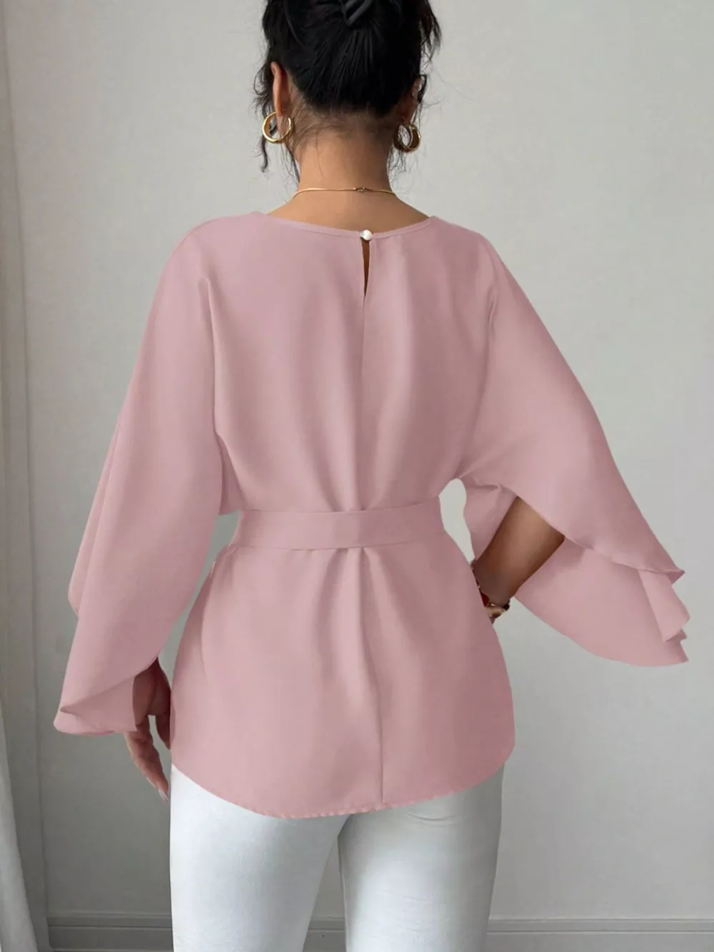 Round Neck Belt Batwing Sleeve Blouse, image 10