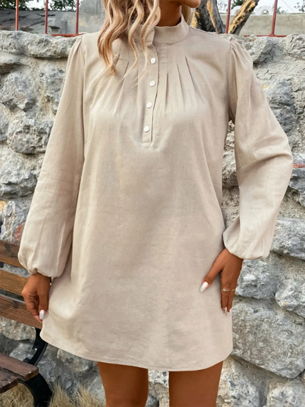Half Button Mock Neck Long Sleeve Mini Shirt Dress, image 3
