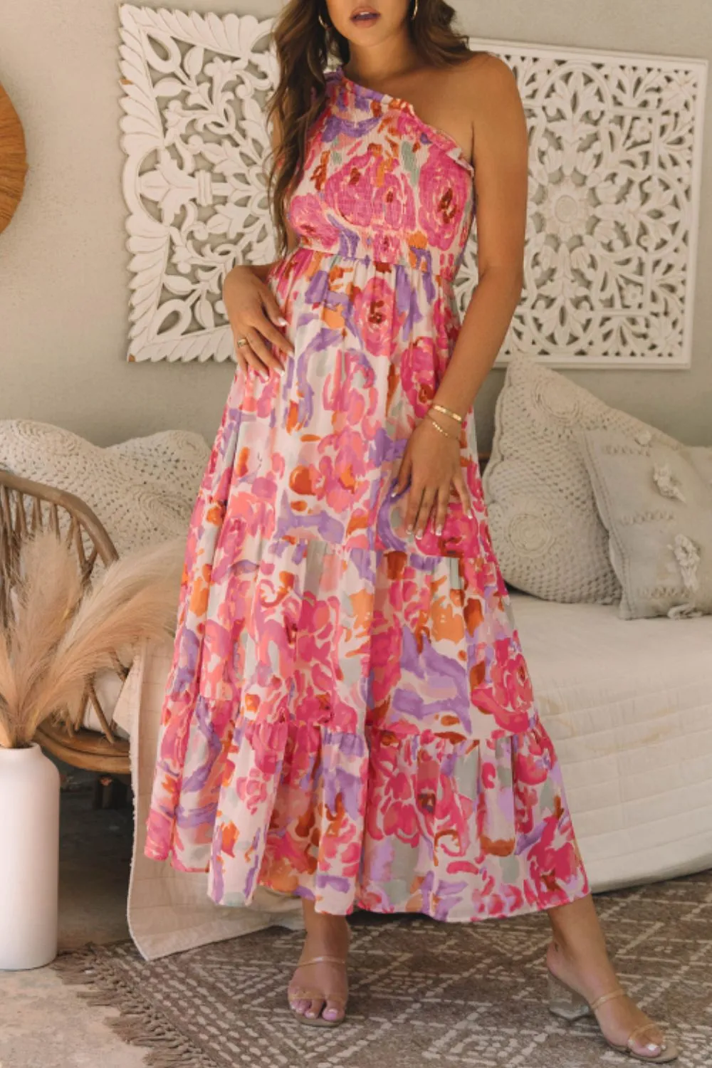 Floral Print Shirred One Shoulder Maxi Dress, image 5