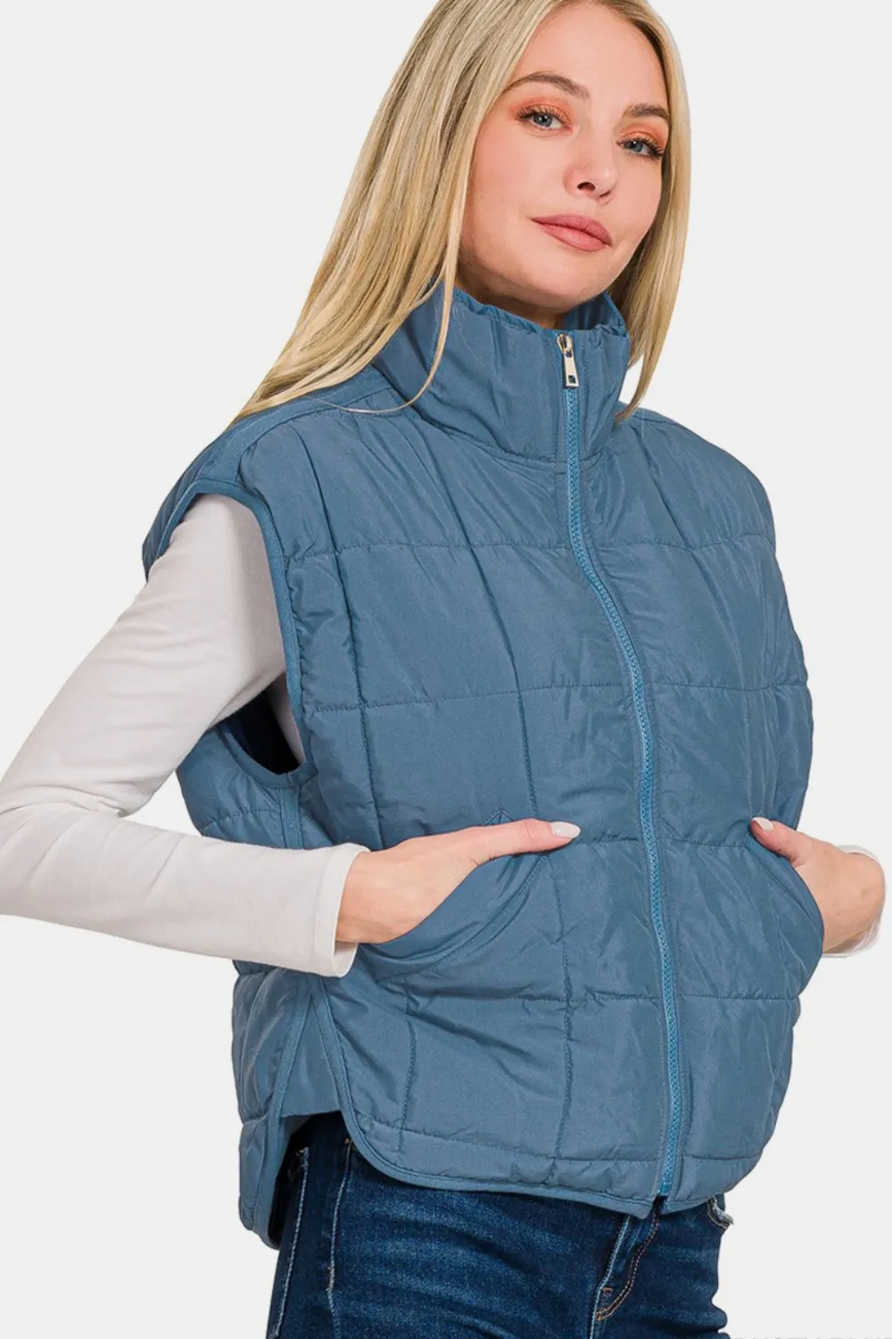 Zip Up Cropped Puffer Vest with Pockets, image 2