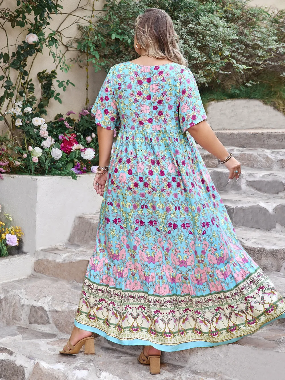Plus Size Printed Tie Neck Flutter Sleeve Maxi Dress, image 8