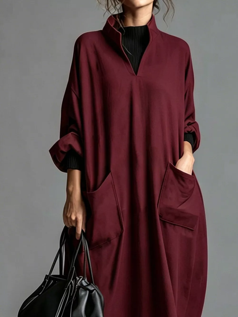 Full Size Loose-Fit Mock Neck Midi Dress with Pockets Plus Size, image 24
