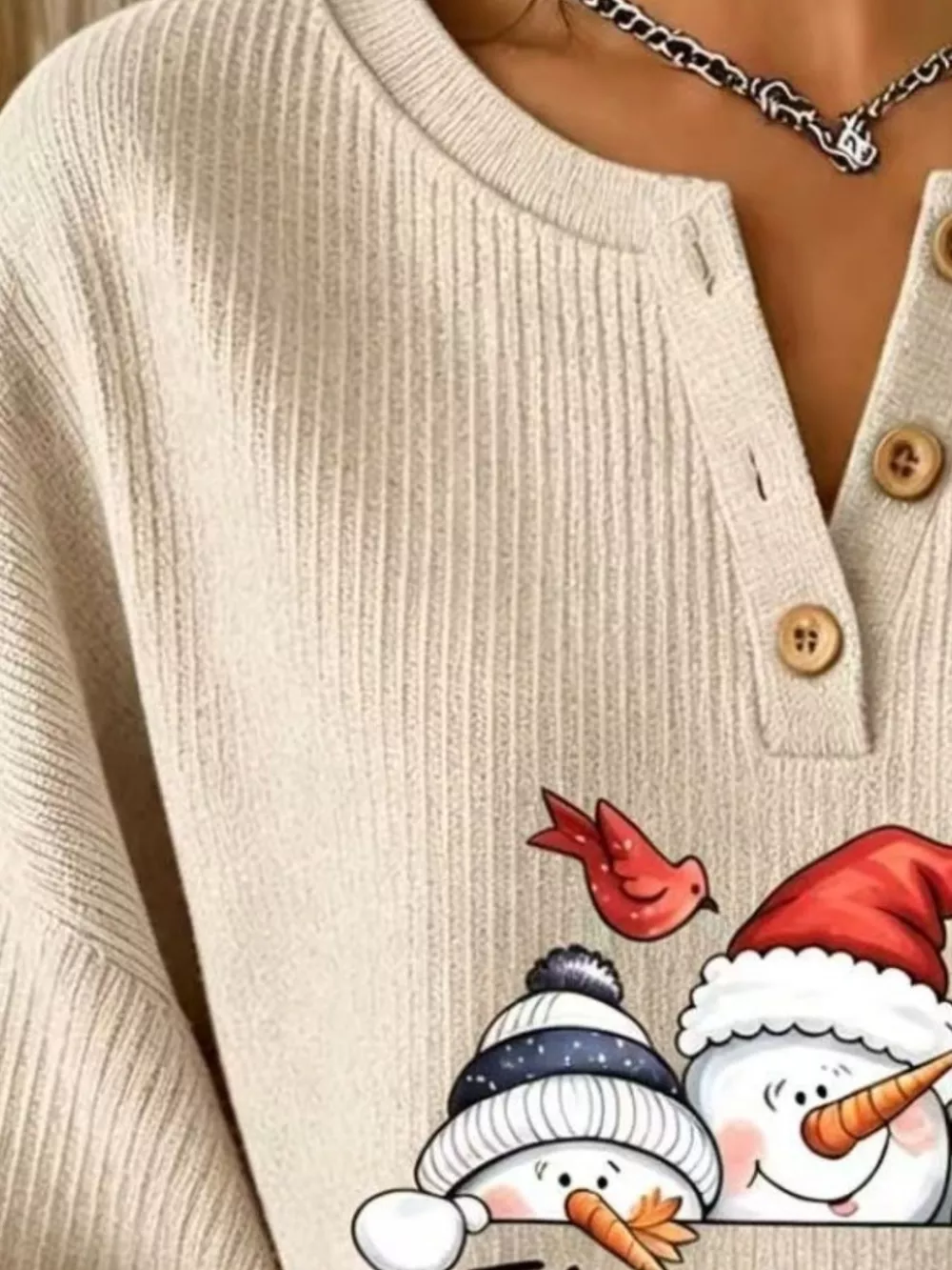 Full Size Christmas Themed Snowman Graphic Ribbed Henley Sweatshirt Plus Size, image 14