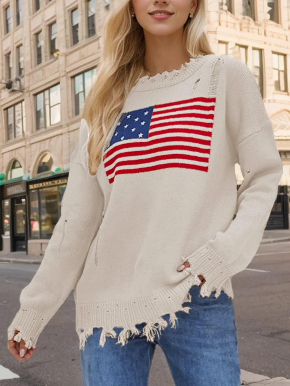 US Flag Distressed Round Neck Long Sleeve Sweater, image 3