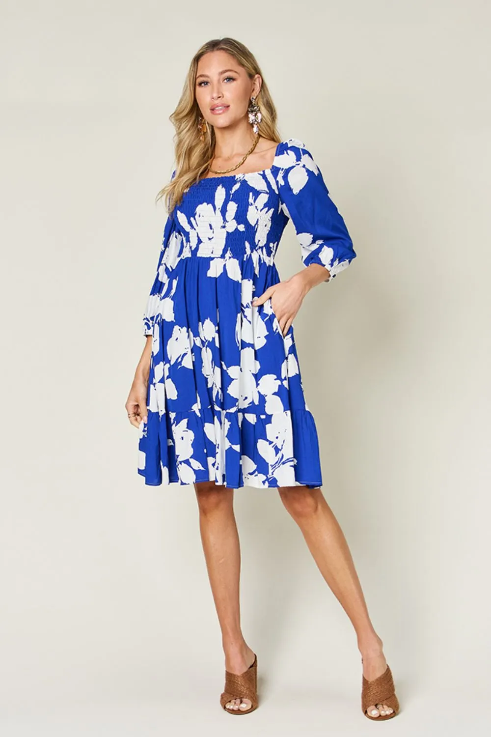 Full Size Floral Ruffle Hem Smocked Dress with Pockets, image 14