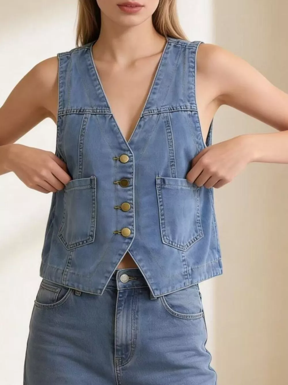 Plus Size Button-Down Denim Vest, image 2