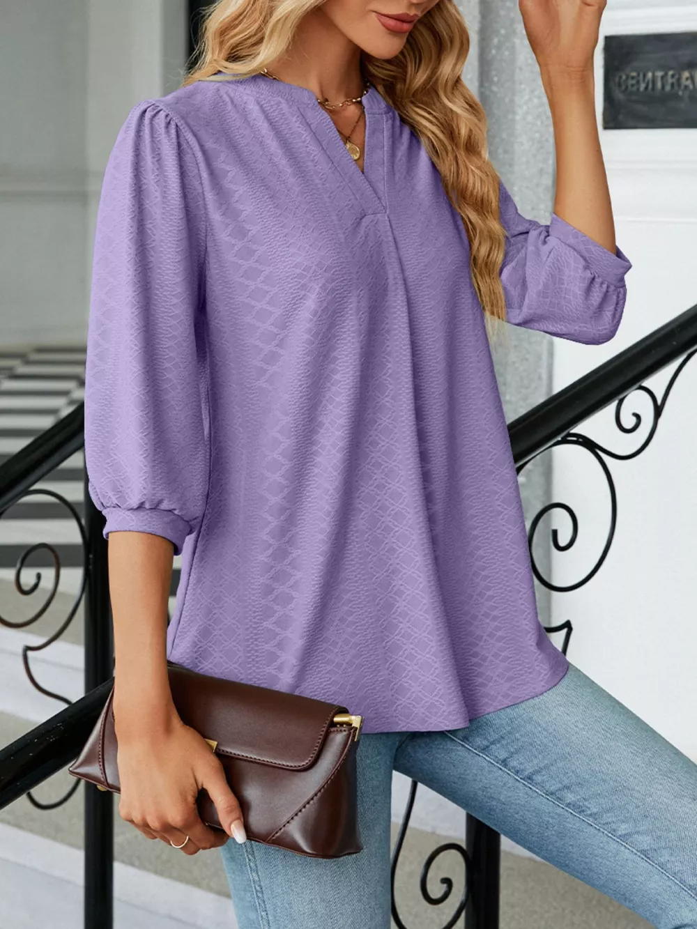 Notched 3/4 Sleeve Casual Top, image 3