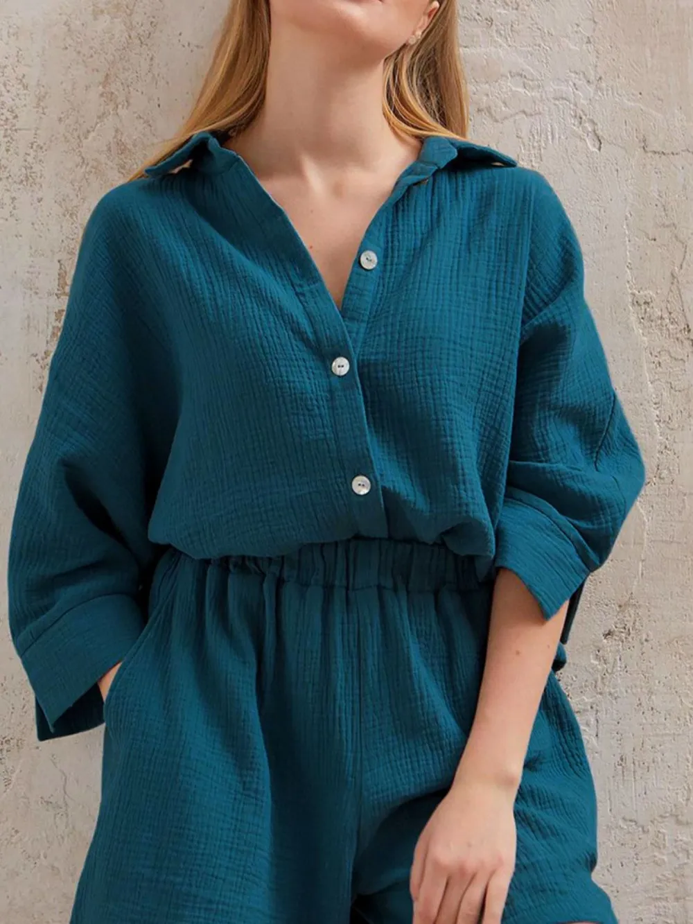 Texture Button Up Shirt and Shorts Set, image 8