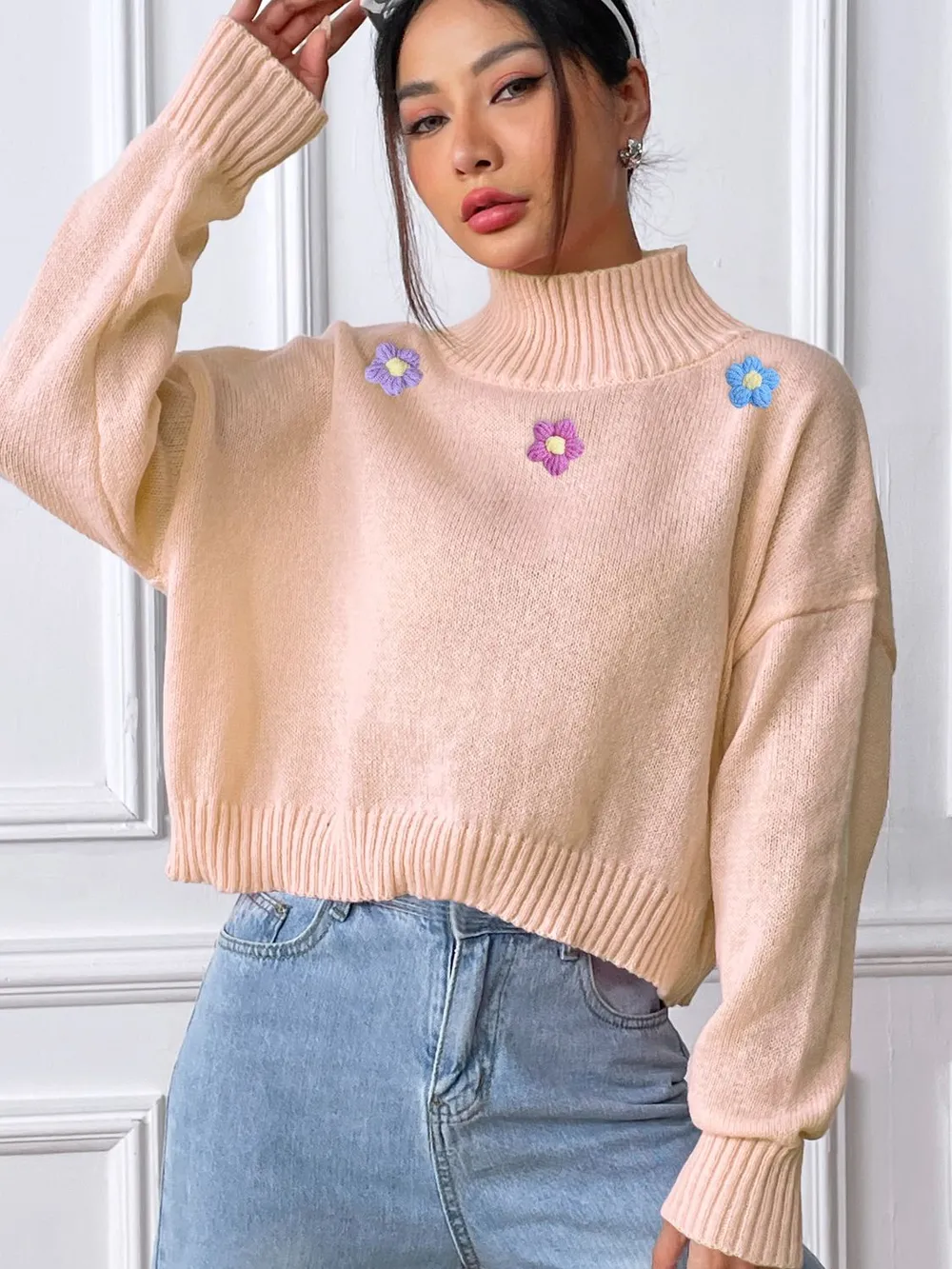 Flower Turtleneck Long Sleeve Sweater, image 2